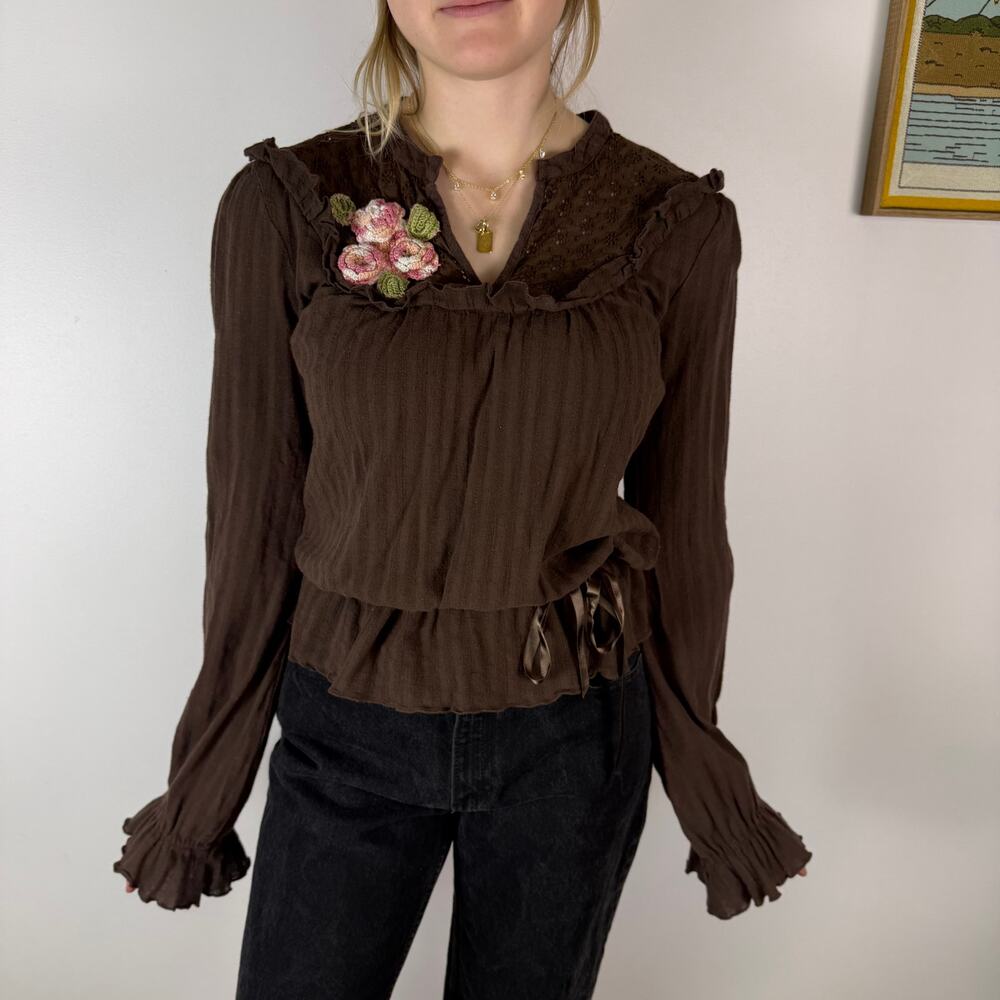 Vintage Free People long sleeve brown peasant top size 12